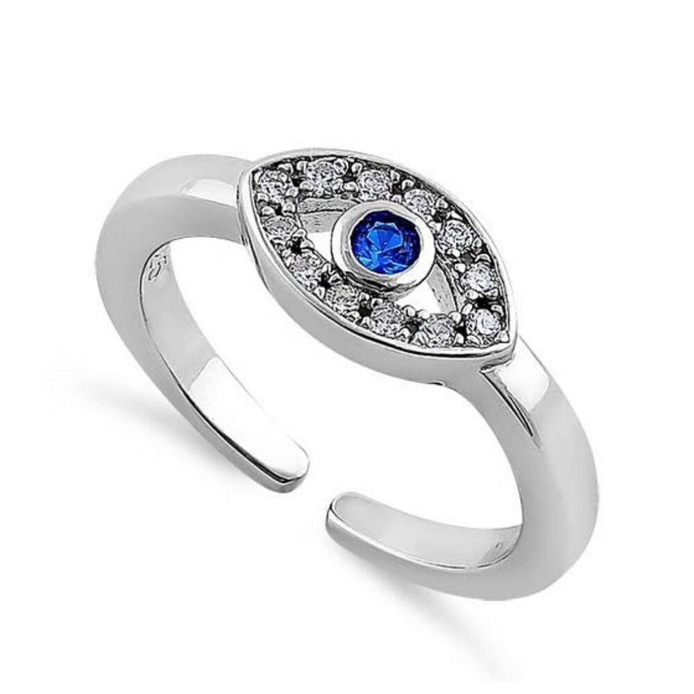 Sterling Silver Evil Eye Blue Sapphire CZ Toe Ring New